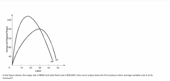 200
60
Average and Marginal Product
20
80
40
1
0
10
20
30
40
50
Labor
In the figure above, the wage rate is $600 and total fixed cost is $15,000. How much output does the firm produce when average variable cost is at its
minimum?
MP
AP