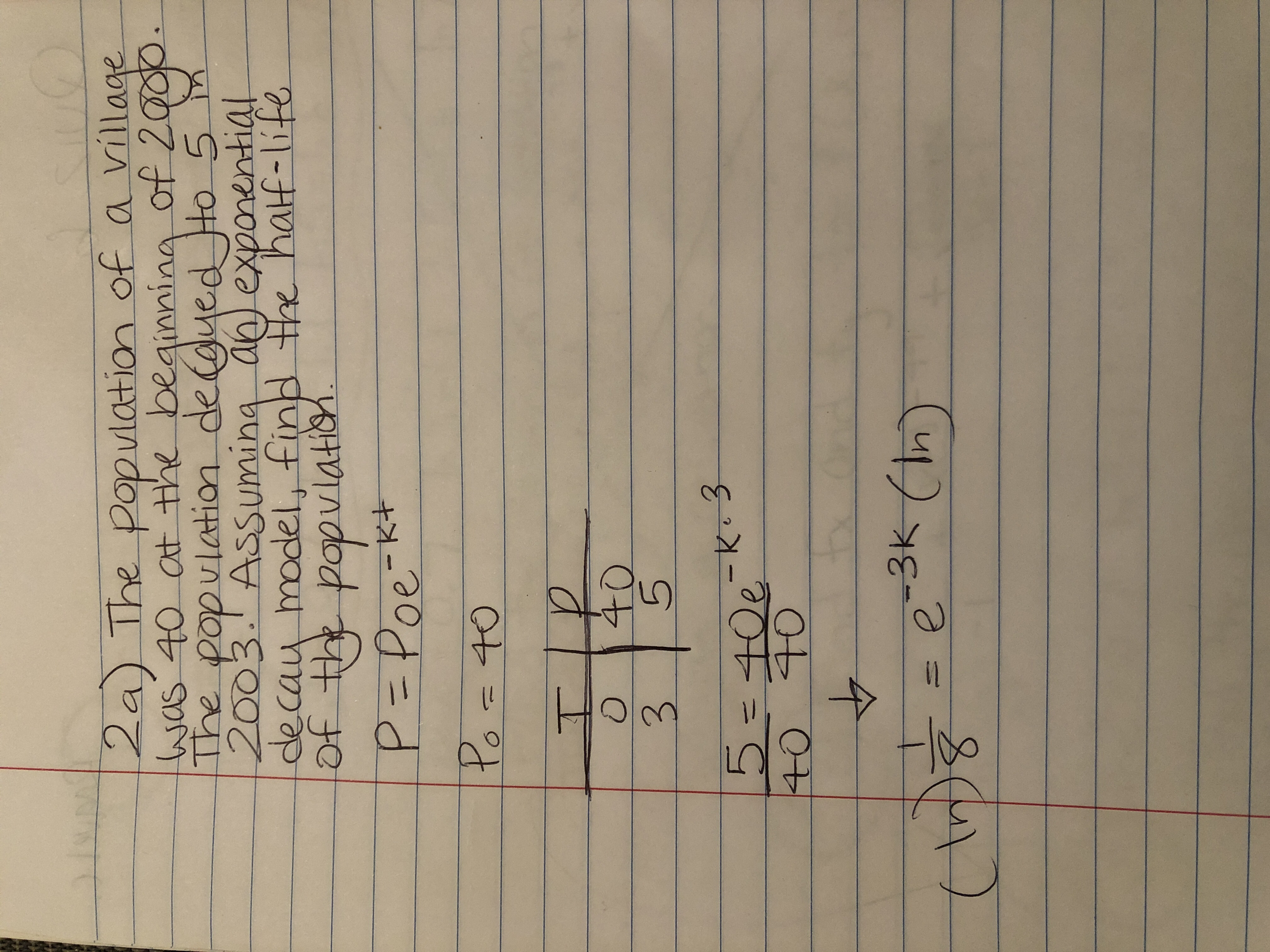 2a) The population of a village
of 20
The population deued Ho 5 m
g ao
2003.AsSumin
decau model, find the half-life
of the popviatih.
exponential
