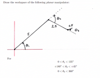 Draw the workspace of the following planar manipulator:
2.5
0.5
5
e,
For
0 < 0, < 135°
+180° < 02 < +-45°
0 < 0z < 360°
