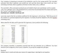 Your company is preparing an estimate of its production costs for the coming period. The controller
estimates that direct materials costs are$45 per unit and that direct labor costs are$21 per hour.
Estimating overhead, which is applied on the basis of direct labor costs, is difficult.
The controller's office estimated overhead costs at $3,600 for fixed costs and $18 per unit for variable
costs. Your colleague, Lance, who graduated from a rival school, has already done the analysis and reports
the "correct" cost equation as follows:
Overhead cost = $10,600 + $16.05 per unit
Lance also reports that the correlation coefficient for the regression is .82 and says, "With 82 percent of
the variation in overhead explained by the equation, it certainly should be adopted as the best basistot
estimating costs."
When asked for the data used to generate the regression, Lance produces the following:
Month
Overhead
Unit Production
$57,144
60,756
77,040
3,048
3,248
4,176
3
4.
56,412
81,396
72,252
63,852
73,596
77,772
60,048
61,632
73,920
73,248
3,000
3,408
3,928
3,336
4,016
4,120
3,192
3,368
4,080
3,888
7
8.
9.
10
11
12
13
The company controller is somewhat surprised that the cost estimates are so different. You have
therefore been assigned to check Lance's equation. You accept the assignment with glee.
Required
Analyze Lance's results and state your reasons for supporting or rejecting his cost equation.
