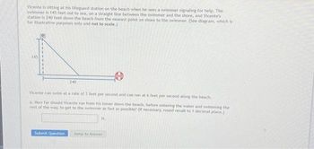 Vicente is sitting at his lifeguard station on the beach when he sees a swimmer signaling for help. The
swimmer is 145 feet out to sea, on a straight line between the swimmer and the shore, and Vicente's
station is 240 feet down the beach from the nearest point on shore to the swimmer. (See diagram, which is
for illustrative purposes only and not to scale.)
145
240
Vicente can swim at a rate of 3 feet per second and can run at 6 feet per second along the beach.
a. How far should Vicente run from his tower down the beach, before entering the water and swimming the
rest of the way, to get to the swimmer as fast as possible? (If necessary, round result to 1 decimal place.)
ft.
Submit Question Jump to Answer