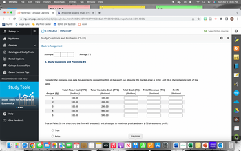 Chrome
← → с
UST MYUSI
Sydney ✓
My Home
Courses
File Edit View History Bookmarks Profiles Tab Window Help
Catalog and Study Tools
Rental Options
eagle sync
College Success Tips
MindTap - Cengage Learning X b Answered: poards Styles s For X +
ng.cengage.com/static/nb/ui/evo/index.html?elSBN=9781337111560&id=1703610906&snapshotId=3315430&
Career Success Tips
RECOMMENDED FOR YOU
Help
Study Tools
100
Study Tools for Principles of
Economics
11
Give Feedback
«
daldassa
O
My Print Center
CENGAGE MINDTAP
22
Back to Assignment
Study Questions and Problems (Ch 07)
Attempts
EDUC 214 Sp2023
Output (Q)
1
2
3
5. Study Questions and Problems #5
4
26
5
Consider the following cost data for a perfectly competitive firm in the short run. Assume the market price is $150, and fill in the remaining cells of the
table.
True
False
18
100.00
100.00
econ
Total Fixed Cost (TFC) Total Variable Cost (TVC)
(Dollars)
(Dollars)
100.00
120.00
100.00
100.00
Average / 3
APR
2
200.00
290.00
430.00
True or False: In the short run, the firm will produce 1 unit of output to maximize profit and earn $-70 of economic profit.
590.00
48
tv
Total Cost (TC) Total Revenue (TR)
(Dollars)
(Dollars)
Keynote
Ni
اله
A
Profit
(Dollars)
W
cricut
48
X
Ơ
Q Search this course
P
Sun Apr 2 3:36 PM
amazon
music
S :
A-Z
bongo
A+
