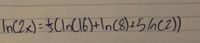 The image contains the following mathematical expression:

\[ \ln(C2x) = \frac{1}{3} ( \ln(6) + \ln(8) + 5 \ln(C2) ) \]

This expression involves the natural logarithm function, denoted as \(\ln\), and showcases an equation that includes the logarithms of different constants and variables. The equation is structured to solve for \(\ln(C2x)\) based on the other logarithmic terms provided on the right side of the equation.