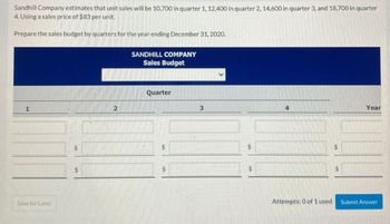 Sandhill Company estimates that unit sales will be 10,700 in quarter 1, 12,400 in quarter 2, 14,600 in quarter 3, and 18,700 in quarter
4. Using a sales price of $83 per unit.
Prepare the sales budget by quarters for the year ending December 31, 2020.
SANDHILL COMPANY
Sales Budget
1
Save for Later
$
2
Quarter
$
3
$
$
$
$
4
$
$
Year
Attempts: 0 of 1 used
Submit Answer