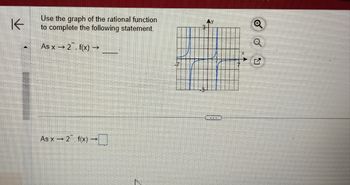 K
Use the graph of the rational function
to complete the following statement.
As x-2, f(x) -
As x → 2, f(x) →
3
E
ON