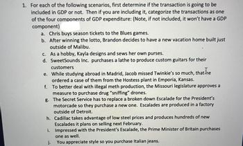 1. For each of the following scenarios, first determine if the transaction is going to be
included in GDP or not. Then if you are including it, categorize the transactions as one
of the four components of GDP expenditure: (Note, if not included, it won't have a GDP
component)
a. Chris buys season tickets to the Blues games.
b. After winning the lotto, Brandon decides to have a new vacation home built just
outside of Malibu.
c.
As a hobby, Kayla designs and sews her own purses.
d. SweetSounds Inc. purchases a lathe to produce custom guitars for their
customers
e. While studying abroad in Madrid, Jacob missed Twinkie's so much, that he
ordered a case of them from the Hostess plant in Emporia, Kansas.
f.
To better deal with illegal meth production, the Missouri legislature approves a
measure to purchase drug "sniffing" drones.
g.
The Secret Service has to replace a broken down Escalade for the President's
motorcade so they purchase a new one. Escalades are produced in a factory
outside of Detroit.
h.
Cadillac takes advantage of low steel prices and produces hundreds of new
Escalades it plans on selling next February.
i. Impressed with the President's Escalade, the Prime Minister of Britain purchases
one as well.
j.
You appreciate style so you purchase Italian jeans.