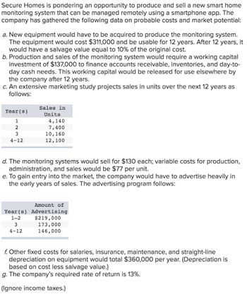 Secure Homes is pondering an opportunity to produce and sell a new smart home
monitoring system that can be managed remotely using a smartphone app. The
company has gathered the following data on probable costs and market potential:
a. New equipment would have to be acquired to produce the monitoring system.
The equipment would cost $311,000 and be usable for 12 years. After 12 years, it
would have a salvage value equal to 10% of the original cost.
b. Production and sales of the monitoring system would require a working capital
investment of $137,000 to finance accounts receivable, inventories, and day-to-
day cash needs. This working capital would be released for use elsewhere by
the company after 12 years.
c. An extensive marketing study projects sales in units over the next 12 years as
follows:
Sales in
Year(s)
1
2
Units
4,140
7,400
3
10,160
4-12
12,100
d. The monitoring systems would sell for $130 each; variable costs for production,
administration, and sales would be $77 per unit.
e. To gain entry into the market, the company would have to advertise heavily in
the early years of sales. The advertising program follows:
Amount of
Year(s) Advertising
1-2
$219,000
173,000
3
4-12
146,000
f. Other fixed costs for salaries, insurance, maintenance, and straight-line
depreciation on equipment would total $360,000 per year. (Depreciation is
based on cost less salvage value.)
g. The company's required rate of return is 13%.
(Ignore income taxes.)