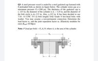 Q3- A steel pressure vessel is sealed by a steel gasketed cap fastened with
8 preloaded bolts as shown in figure below. The cylinder stores gas at a
maximum pressure Pg=1200 psi. The thickness of the gasketed cap is
te =0.5 in, the diameter of the cylinder is d. = 3.25 in, and the diameter of
the bolt circle is d=5.5 in. Also, tp-0.5 in. It has been decided to use
7/16 -14 UNC 5/4 (L=bolt length) SAE Grade 8 hex-head bolts with
washer. You may assume a non-permanent connection. Determine the
load factor ni, and the joint separation factor no. (Elasticity modulus for
steel, Esteel=30 Mpsi)
Note: P (load per bolt) = Pg AJN, where A, is the area of the cylinder.
dpc
