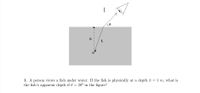 1. A person views a fish under water. If the fish is physically at a depth h = 1 m, what is
the fish's apparent depth if 0 = 30° in the figure?
