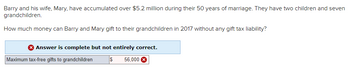 Barry and his wife, Mary, have accumulated over $5.2 million during their 50 years of marriage. They have two children and seven
grandchildren.
How much money can Barry and Mary gift to their grandchildren in 2017 without any gift tax liability?
Answer is complete but not entirely correct.
$ 56,000 X
Maximum tax-free gifts to grandchildren