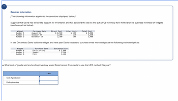 Required information
[The following information applies to the questions displayed below.]
Suppose that David has elected to account for inventories and has adopted the last-in, first-out (LIFO) inventory-flow method for his business inventory of widgets
(purchase prices below).
Widget
Number 1
Number 2
Number 3
Widget
Number 4
Number 5
Number 6
Purchase Date
August 15
October 30
November 10
Cost of goods sold
In late December, David sold one widget, and next year David expects to purchase three more widgets at the following estimated prices:
Ending inventory
Purchase Date
Early spring
Summer
Fall
Direct Cost
$ 2,100
2,200
2,300
Other Costs
$ 100
150
100
LIFO
a. What cost of goods sold and ending inventory would David record if he elects to use the LIFO method this year?
Total Cost
$2,200
2,350
2,400
Estimated Cost
$2,600
2,260
2,400