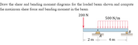 Draw the shear and bending moment diagrams for the loaded beam shown and compute
the maximum shear force and bending moment in the beam
200 N
500 N/m
B
A
2 m
4 m
