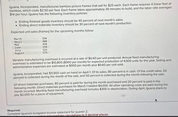 Iguana, Incorporated, manufactures bamboo picture frames that sell for $25 each. Each frame requires 4 linear feet of
bamboo, which costs $2.50 per foot. Each frame takes approximately 30 minutes to build, and the labor rate averages
$14 per hour. Iguana has the following inventory policies:
•Ending finished goods inventory should be 40 percent of next month's sales.
Ending direct materials inventory should be 30 percent of next month's production.
Expected unit sales (frames) for the upcoming months follow:
March
350
April
400
May
450
June
550
July
August
525
575
Variable manufacturing overhead is incurred at a rate of $0.40 per unit produced. Annual fixed manufacturing
overhead is estimated to be $10,800 ($900 per month) for expected production of 4,000 units for the year. Selling and
administrative expenses are estimated at $950 per month plus $0.60 per unit sold.
Iguana, Incorporated, had $11,900 cash on hand on April 1. Of its sales, 80 percent is in cash. Of the credit sales, 50
percent is collected during the month of the sale, and 50 percent is collected during the month following the sale.
Of direct materials purchases, 80 percent is paid for during the month purchased and 20 percent is paid in the
following month. Direct materials purchases for March 1 totaled $4,000. All other operating costs are paid during the
month incurred. Monthly fixed manufacturing overhead includes $300 in depreciation. During April, Iguana plans to
pay $2,000 for a piece of equipment.
Required:
Complete Iguana's budgeted income statement for quarter 2.
mit in intermediate calculations to 2 decimal places.
