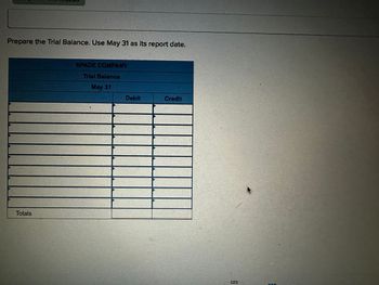 Prepare the Trial Balance. Use May 31 as its report date.
Totals
SPADE COMPANY
Trial Balance
May 31
Debit
Credit
FEPA