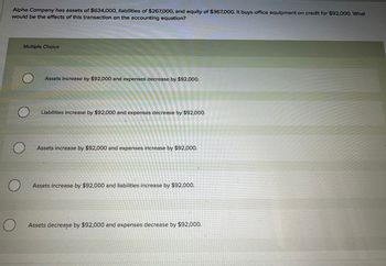 Alpha Company has assets of $634,000, llabilities of $267,000, and equity of $367,000. It buys office equipment on credit for $92,000. What
would be the effects of this transaction on the accounting equation?
O
Multiple Choice
Assets increase by $92,000 and expenses decrease by $92,000.
Liabilities increase by $92,000 and expenses decrease by $92,000.
Assets increase by $92,000 and expenses increase by $92,000.
Assets increase by $92,000 and liabilities increase by $92,000.
Assets decrease by $92,000 and expenses decrease by $92,000.