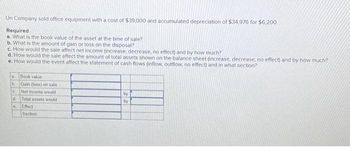 Un Company sold office equipment with a cost of $39,000 and accumulated depreciation of $34,976 for $6,200
Required
a. What is the book value of the asset at the time of sale?
b. What is the amount of gain or loss on the disposal?
c. How would the sale affect net income (increase, decrease, no effect) and by how much?
d. How would the sale affect the amount of total assets shown on the balance sheet (increase, decrease, no effect) and by how much?
e. How would the event affect the statement of cash flows (inflow, outflow, no effect) and in what section?
a
b
C
d
C
Book value
Gain (loss) on sale
Net income would
Total assets would
Effect
Section
by
by