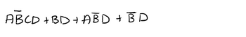 The expression in the image is a Boolean algebra expression shown below:

\[\overline{A}BCD + BD + A\overline{B}D + \overline{B}D\]

### Explanation:

The expression features multiple terms that are combined using the OR (+) operation. Each term consists of variables that can either be in their normal form (e.g., \(A, B, C, D\)) or in their complemented form (e.g., \(\overline{A}, \overline{B}\)).

- **\(\overline{A}BCD\):** This term contains the complemented variable \(\overline{A}\) along with \(B, C, D\).
- **\(BD\):** This term includes variables \(B\) and \(D\).
- **\(A\overline{B}D\):** This term includes \(A, D\) and the complemented variable \(\overline{B}\).
- **\(\overline{B}D\):** This term consists of the complemented variable \(\overline{B}\) and \(D\).

This kind of expression is often used in digital logic design, circuit simplification, and can be minimized using Boolean algebra rules or Karnaugh maps.