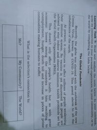 Learning Task 7: Read and analyze the texts below. In your notebook,
write its connection to your personal experiences, to your community, or to
the world by completing the table below.
The Global Pandemic
Recently, the globe was alarmed with the outbreak of the new
Corona Virus, known as COVID-19. This posed alarm to all the
inhabitants of the earth.
At present, it continues to affect millions of people weakening
their immune system. No vaccine is yet discovered so people are
advised to stay indoor and observe minimum health protocols set by
the World Health Organization (WHO).
This doesn't only affect people's health but so with great
countries
economic
losses
among
the
it hits resulting to
unemployment, hunger, death toll and increase in prices of prime
commodities making humans to suffer.
What is the selection's connection to:
Me?
My Community?
The World?
