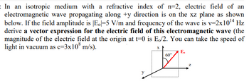 In an isotropic medium with a refractive index of n=2, electric field of an
electromagnetic wave propagating along +y direction is on the xz plane as shown
below. If the field amplitude is E.-5 V/m and frequency of the wave is v=2x10¹4 Hz
derive a vector expression for the electric field of this electromagnetic wave (the
magnitude of the electric field at the origin at t=0 is E/2. You can take the speed of
light in vacuum as c=3x10 m/s).
60⁰
j
EⓇ
Z