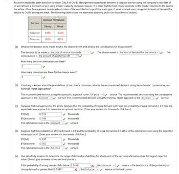 An airline decided to offer direct service from City A to City B. Management must decide between a full price service using the company's new fleet of
jet aircraft and a discount service using smaller capacity commuter planes. It is clear that the best choice depends on the market reaction to the service
the airline offers. Management developed estimates of the contribution to profit for each type of service based upon two possible levels of demand for
service to City B: strong and weak. The following table shows the estimated quarterly profits (in thousands of dollars).
Demand for Service
Service
Strong
Weak
Full price
$950
-$510
Discount
$650
$310
(a) What is the decision to be made, what is the chance event, and what is the consequence for this problem?
The decision to be made is the type of service to provide
consequence is the amount of quarterly profit
How many decision alternatives are there?
2
How many outcomes are there for the chance event?
2
. The chance event is the level of demand for the service
. The
(b) If nothing is known about the probabilities of the chance outcomes, what is the recommended decision using the optimistic, conservative, and
minimax regret approaches?
The recommended decision using the optimistic approach is the full price
approach is the discount
service. The recommended decision using the conservative
service. The recommended decision using the minimax regret approach is the discount ☑ service.
(c) Suppose that management of the airline believes that the probability of strong demand is 0.7 and the probability of weak demand is 0.3. Use the
expected value approach to determine an optimal decision. (Enter your answers in thousands of dollars.)
EV(full)
$ 512
EV(discount) $ 548
The optimal decision is the discount
thousands
thousands
service.
(d) Suppose that the probability of strong demand is 0.8 and the probability of weak demand is 0.2. What is the optimal decision using the expected
value approach? (Enter your answers in thousands of dollars.)
EV(full)
$ 658
thousands
EV(discount) $ 582
The optimal decision is the [full price
thousands
service.
(e) Use sensitivity analysis to determine the range of demand probabilities for which each of the decision alternatives has the largest expected
value. (Round your answers to four decimal places.)
If the probability of strong demand falls below 0.54481
strong demand is greater than [0.54481
X, the discount
, the full price
service is the best choice. If the probability of
service is the best choice.