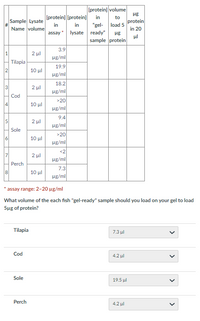 [protein] volume
[protein] [protein]
in
to
Sample Lysate
in
"gel- load 5
in 20
protein
in
Name volume
assay* lysate ready"
ul
sample protein
3.9
2 µl
Hg/ml
Tilapia
19.9
10 μι
Hg/ml
18.2
2 µl
Hg/ml
Cod
>20
14
10 μι
Hg/ml
9.4
15
2 µl
ug/ml
Sole
>20
6.
10 μι
ug/ml
<2
17
2 µl
Hg/ml
Perch
7.3
8
10 μΙ
Hg/ml
assay range: 2-20 µg/ml
What volume of the each fish "gel-ready" sample should you load on your gel to load
5ug of protein?
Tilapia
7.3 ul
Cod
4.2 ul
Sole
19.5 ul
Perch
4.2 ul
>
>
>
