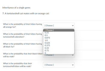 Inheritance of a single gene:
7. A tortoiseshell cat mates with an orange cat:
What is the probability of their kitten having
all-orange fur?
[Choose ]
[Choose ]
0.25
What is the probability of their kitten having
tortoiseshell coloration?
0.5
0.875
1.0
0.625
What is the probability of their kitten having
all-black fur?
0.375
0.33
0.75
What is the probability that their black kitten
will be male?
[Choose ]
What is the probability that their
tortoiseshell kitten will be male?
[Choose ]