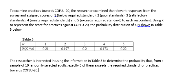 To examine practices towards COFLU-20, the researcher examined the relevant responses from the
survey and assigned scores of 1 (below required standard), 2 (poor standards), 3 (satisfactory
standards), 4 (meets required standards) and 5 (exceeds required standard) to each respondent. Using X
to represent the score for practices against COFLU-20, the probability distribution of X is sbewn in Table
3 below.
Table 3
3
P(X =x)
0.21
0.197
0.2
0.173
0.22
The researcher is interested in using the information in Table 3 to determine the probability that, froma
sample of 10 randomly selected adults, exactly 3 of them exceeds the required standard for practices
towards COFLU-20.
