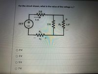 For the circuit shown, what is the value of the voltage v1?
20
1 A
10 V
2Ω
R2
1V
R1
+.
O 9 V
O 3 V
O 5 V
O 7V
