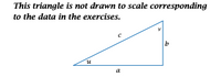 ### Understanding Triangle Notations in Geometry

**Note:** This triangle is not drawn to scale in accordance with the data in the exercises.

#### Diagram Description:
The illustration is of a right triangle with the following labels:
- The base of the triangle is labeled as \( a \).
- The height or the vertical side of the triangle is labeled as \( b \).
- The hypotenuse, which is the side opposite the right angle, is labeled as \( c \).
- The vertex opposite side \( a \) is labeled as \( v \).
- The vertex opposite side \( b \) is labeled as \( u \).

This diagram provides a visual representation, but remember that it is not drawn to scale. When solving geometry problems or exercises based on this triangle, use the provided numerical data rather than visual estimations from this image.

---

This content is aimed to aid in understanding the basic notations and labels commonly used for triangles in geometry problems and exercises.