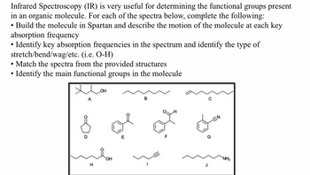 Infrared Spectroscopy (IR) is very useful for determining the functional groups present
in an organic molecule. For each of the spectra below, complete the following:
• Build the molecule in Spartan and describe the motion of the molecule at each key
absorption frequency
• Identify key absorption frequencies in the spectrum and identify the type of
stretch/bend/wag/etc. (i.e. O-H)
• Match the spectra from the provided structures
•
Identify the main functional groups in the molecule
OH
A
B
F
D
E
H
OH
NH2
J