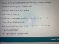 Posting of transaction information from the journal to the ledger
Journalize adjusting and closing entries
Prepare a post-closing trial balance
Prepare a trial balance
Analyze and journalize transaction information into a journal
Prepare financial statements
Business transactions occur and generate source documents
Prepare a worksheet
Post adjusting and closing entries
Submit As:
