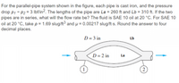 For the parallel-pipe system shown in the figure, each pipe is cast iron, and the pressure
drop p1 - P2 = 3 Ibf/lin?. The lengths of the pipe are La = 260 ft and Lb = 310 ft. If the two
pipes are in series, what will the flow rate be? The fluid is SAE 10 oil at 20 °C. For SAE 10
oil at 20 °C, take p = 1.69 slug/ft³ and µ = 0.00217 slug/ft-s. Round the answer to four
decimal places.
D = 3 in
Lb
D= 2 in
La
