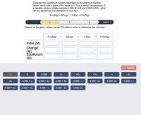 Consider the equilibrium system described by the chemical reaction
below, which has a value of Kc equal to 1.79 at a certain temperature. If
a reaction mixture initially contains 0.050 M H2S and 0.050 M SO2, what
will the equilibrium concentration of H2O be?
2 H2S(g) + SO2(g)=3 S(s) + 2 H20(g)
1
NEXT >
Based on the given values, set up ICE table in order to determine the unknown.
2 H2S(g)
SO2(g)
3 S(s)
2 H20(g)
+
+
Initial (M)
|Change
| (M)
Equilibrium
| (M)
5 RESET
0.050
+x
+2x
+3x
-x
-2x
-3x
0.050 + x
0.050 + 2x
0.050 + 3x
0.050 - x
0.050 - 2x
0.050 -3x
0.025 + x
0.025 + 2x
0.025 + 3x
0.025 - x
0.025 - 2x
0.025 -3x
