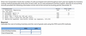 Orion Iron Corporation tracks the number of units purchased and sold throughout each year but applies its inventory
costing method perpetually at the time of each sale, as if it uses perpetual inventory system. Assume its accounting
records provided the following information at the end of the annual accounting period, December 31.
Transactions
Units
Unit Cost
a. Inventory, Beginning
500
$ 16
For the year:
b. Purchase, April 11
800
14
c. Purchase, June 1
17
700
500
d. Sale, May 1 (sold for $44 per unit)
e. Sale, July 3 (sold for $44 per unit)
660
f. Operating expenses (excluding income tax expense), $19,500
Required:
Calculate the cost of ending inventory and the cost of goods sold using the FIFO and LIFO methods.
FIFO
LIFO
Cost of Ending Inventory
Cost of Goods Sold