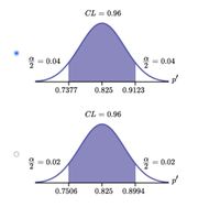 CL = 0.96
응%3D 0.04
= 0.04
0.7377
0.825 0.9123
CL = 0.96
응%3D 0.02
응%3D 0.02
0.7506
0.825
0.8994
