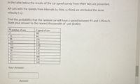 In the table below the results of the car speed survey from HWY 401 are presented.
All cars with the speeds from intervals (v;-5km, v;+5km) are attributed the same
velocity ( v).
Find the probability that the random car will have a speed between 95 and 125km/h.
State your answer to the nearest thousendth of unit (0.001)
ni number of cars
speed of cars
80
11
90
66
100
242
110
312
120
130
100
70
140
47
150
25
160
10
170
180
Your Answer:
Answer
