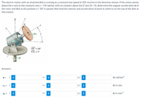 The electric motor with an attached disk is running at a constant low speed of 105 rev/min in the direction shown. If the motor pivots
about the x-axis at the constant rate y = 9.8 rad/sec with no rotation about the Z-axis (N = 0), determine the angular acceleration a of
the rotor and disk as the position y = 30° is passed. Also find the velocity and acceleration of point A, which is on the top of the disk at
this instant.
OC = 16"
CA = 7"
Answers:
a =
(i
i+
i
j+
i
k) rad/sec2
VA =
(i
i+ i
j+ i
k) in./sec
aa = (i
i+
j+ i
k) in./sec2
---
