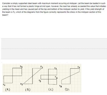 Consider a simply supported steel beam with maximum moment occurring at midspan. Let the beam be loaded in such
a way that it has not formed a plastic hinge at mid span, however, the load has already exceeded the value that initiates
yielding in the mean and has caused part of the top and bottom of the midspan section to yield. If the yield strength of
the beam is Fy, which of the diagrams from the figure correctly represents the stress in the midspan section of this
beam?
Fy
sles
fy
(C) (D)
Fy
(A)
(B)
Fy
Fy