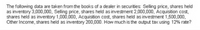 The following data are taken from the books of a dealer in securities: Selling price, shares held
as inventory 3,000,000, Selling price, shares held as investment 2,000,000, Acquisition cost,
shares held as inventory 1,000,000, Acquisition cost, shares held as investment 1,500,000,
Other Income, shares held as inventory 200,000. How much is the output tax using 12% rate?
