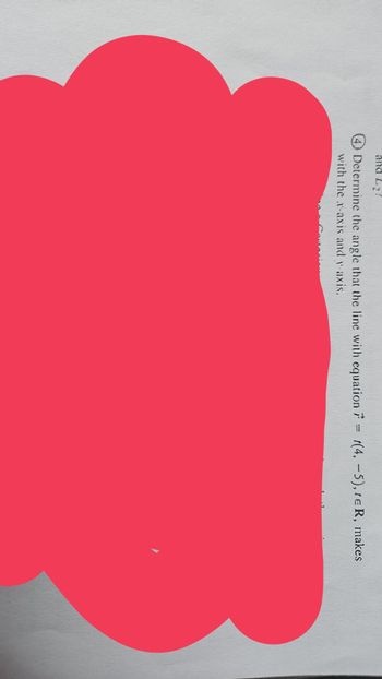 and L
Determine the angle that the line with equation = (4, -5), te R, makes
with the x-axis and y-axis.