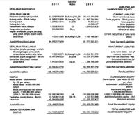 Catatan/
Notes
2010
2009
LIABILITIES AND
SHAREHOLDERS' EQUITY
KEWAJIBAN DAN EKUITAS
KEWAJIBAN LANCAR
Pinjaman bank jangka pendek
Hutang usaha - Pihak ketiga
Hutang pajak
Hutang lain-lain
Biaya masih harus dibayar
Uang muka penjualan
Bagian kewajiban jangka panjang
yang jatuh tempo dalam waktu
satu tahun
CURRENT LIABILITIES
Short-term bank loans
Trade payables - Third parties
Taxes payable
Other payables
Accrued expenses
Advance on sales
63.218.778.659 2b,h,m,q,10,24 59.461.174.390
16.049.325.984 2b,i,m,q,11,24 11.810.234.601
3.289.221.216
2n, 20b
76.862.642
44.048.187
1.259.063.830
1.322.870.535
12
896.800.000
2b,9
153.161.300 2b,h,m,q,13,24
Current maturities of long-term
debts
9.120.148.381
Jumlah Kewajiban Lancar
84.930.157.694
81.771.532.031
Total Current Liabilities
KEWAJIBAN TIDAK LANCAR
Kewajiban jangka panjang - setelah
dikurangi bagian yang jatuh
tempo dalam waktu satu tahun
Kewajiban pajak tangguhan - Bersih
Kewajiban diestimasi imbalan
pasca-kerja
NON-CURRENT LIABILITIES
Long-term debts - net of
current maturities
Deferred tax liabilities - Net
Estimated liabilities for
post-employment benefits
128.338.374 26,h,m,q,13,24 45.066.961.090
2n,20d
18.457.040.328
18.329.375.900
1.975.245.056
2j,22
1.588.160.200
Jumlah Kewajiban Tidak Lancar
20.560.623.758
64.984.497.190
Total Non-Current Liabilities
Jumlah Kewajiban
105.490.781.452
146.756.029.221
Total Liabilities
SHAREHOLDERS' EQUITY
Share capital - par value Rp 100
per share
Authorized - 4,000,000,000
EKUITAS
Modal saham - nilai nominal
Rp 100 per saham
Modal dasar - 4.000.000.000
saham
Modal ditempatkan dan disetor
penuh - 1.500.000.000 saham
(2009: 1.300.000.000 saham)
Tambahan modal disetor - Bersih
Saldo laba
shares
150.000.000.000
33.542.841.148
45.916.926.397
130.000.000.000
4.367.923.968
21.257.157.437
Issued and fully paid -
1,500,000,000 shares
(2009: 1,300,000,000 shares)
Additional paid-in capital - Net
Retained earnings
14
2k, 15
Jumlah Ekuitas
229.459.767.545
155.625.081.405
Total Shareholders' Equity
TOTAL LIABILITIES AND
JUMLAH KEWAJIBAN DAN
EKUITAS
334.950.548.997
302.381.110.626
SHAREHOLDERS' EQUITY
