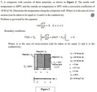 7. A composite wall consists of three materials, as shown in Figure 2. The inside wall
temperature is 200°C and the outside air temperature is 50°C with a convection coefficient of
10 W/m²-K. Determine the temperature along the composite wall. Where A is the area of cross-
section (can be taken to be equal to 1) and k is the conductivity.
Problem is governed by the equation
d²T
-kA-
= 0,
0<x<L
dx2
Boundary conditions
d²T
T(0) = To, kA
dx2
+BA(T – T)|
= 0
Where A is the area of cross-section (cab be taken to be equal 1) and k is the
conductivity.
Material 2. k
k = 70 WAm K)
Material 1, k
„Material 3, kz
Ag - 40 WAm K)
ky = 20 W(m-K)
T 50°C
Surface arca
L =2 cm
T,- 200°C
A(1)
L 2.5 em
L =4 cm
B= 10 WAm- K)
2
3 4
Figure 2
