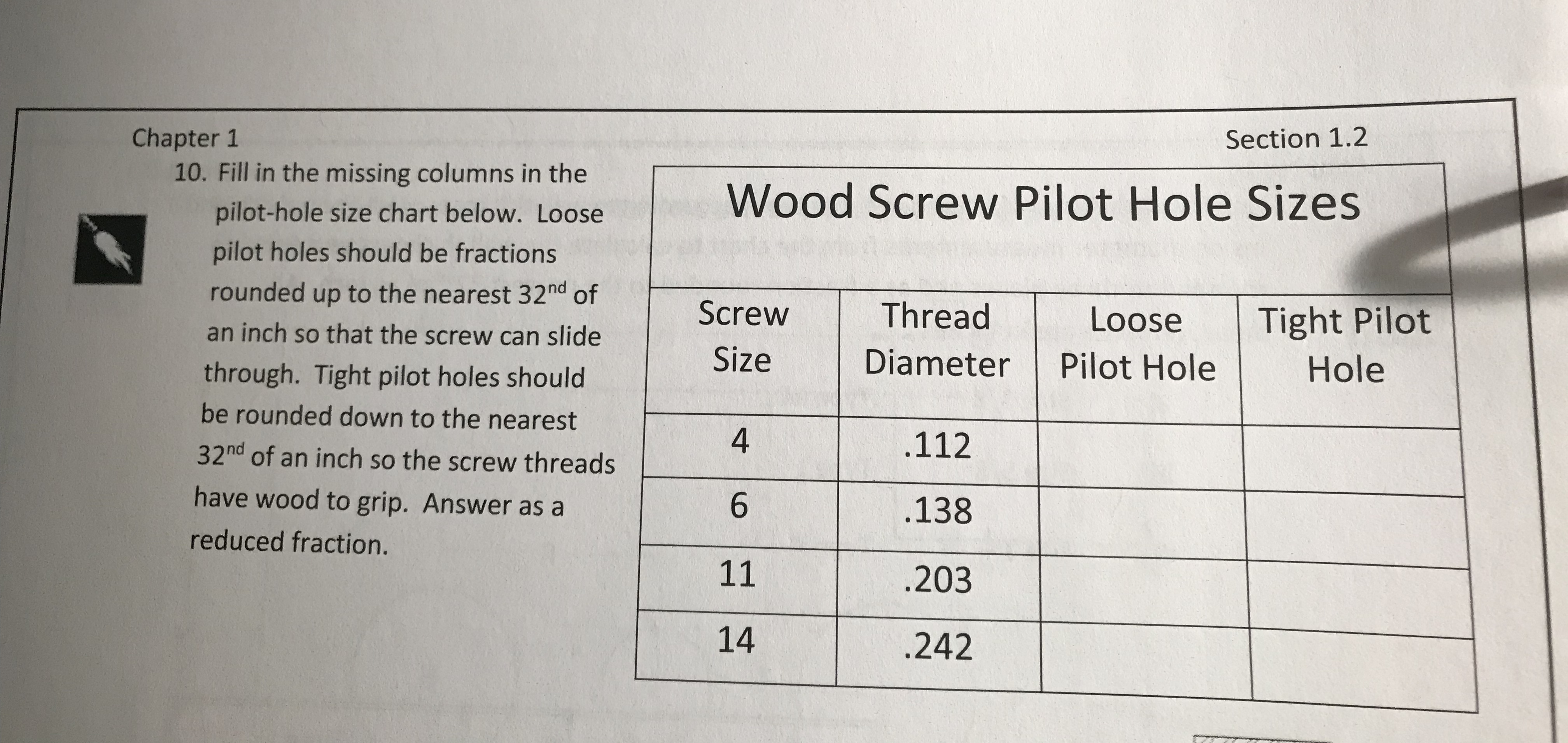 Section 1.2
Chapter 1
10. Fill in the missing columns in the
ole size chart below. LooseWood Screw Pilot Hole Sizes
pilot holes should be fractions
rounded up to the nearest 32M ofhread L
Screw Thread
Size Diameter Pilot Hole Hole
Loose Tight Pilot
an inch so that the screw can slide
through. Tight pilot holes should
be rounded down to the nearest
32nd of an inch so the screw threads
have wood to grip. Answer as a
reduced fraction.
4
.112
138
.203
242
6
14
