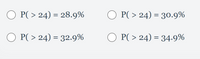 O P( > 24) = 28.9%
O P( > 24) = 30.9%
O P( > 24) = 32.9%
O P( > 24) = 34.9%
%3D
