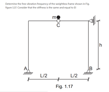 Determine the free vibration frequency of the weightless frame shown in Fig.
figure 1.17. Consider that the stiffness is the same and equal to El
A
X
L/2
m
C
L/2
*
Fig. 1.17
B
Hom
X
h