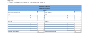 ### Bank Reconciliation Template

#### Required:
1. Prepare the bank reconciliation for this company as of July 31.

#### BRANCH COMPANY
**Bank Reconciliation**

**July 31**

| Bank statement balance |                                     | Book balance            |                                     |
|------------------------|-------------------------------------|-------------------------|-------------------------------------|
|                        |                                     |                         |                                     |
| **Add:**               |                                     | **Add:**                |                                     |
|                        |                                     |                         |                                     |
| 0                      |                                     | 0                       |                                     |
| 0                      |                                     | 0                       |                                     |
| **Deduct:**            |                                     | **Deduct:**             |                                     |
|                        |                                     |                         |                                     |
|                        |                                     |                         |                                     |
| 0                      |                                     | 0                       |                                     |
| 0                      |                                     | 0                       |                                     |
| **Adjusted bank balance** |  $0                              | **Adjusted book balance** | $0                                  |

#### Explanation:
This template assists in preparing the bank reconciliation for a company. Bank reconciliation is a process that explains the difference between the bank balance shown in an organization's bank statement, as supplied by the bank, and the corresponding amount shown in the organization's own accounting records at a specific point in time.

Here's how to fill out the template:
- **Bank statement balance**: Record the ending balance shown on the company’s bank statement.
- **Book balance**: Record the ending balance in the company's ledger or book as of July 31.
- **Add**: List any items that need to be added to the bank or book balance, such as deposits in transit or bank credits not yet recorded.
- **Deduct**: List any items that need to be deducted from the bank or book balance, such as outstanding checks or bank charges not yet recorded in the books.
- **Adjusted bank balance** and **Adjusted book balance**: After making the additions and subtractions, the adjusted balances should match, indicating that the bank reconciliation is complete.