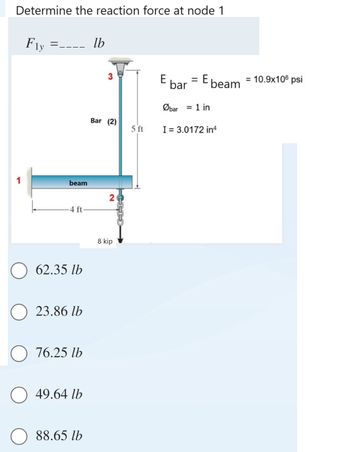 Determine the reaction force at node 1
Fly
___ lb
=----
beam
-4 ft
62.35 lb
23.86 lb
76.25 lb
49.64 lb
88.65 lb
3
Bar (2)
20
8 kip
CITS
5 ft
E
bar E beam
=
Øbar = 1 in
I = 3.0172 in4
= 10.9x106 psi