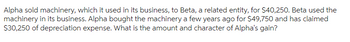 Alpha sold machinery, which it used in its business, to Beta, a related entity, for $40,250. Beta used the
machinery in its business. Alpha bought the machinery a few years ago for $49,750 and has claimed
$30,250 of depreciation expense. What is the amount and character of Alpha's gain?