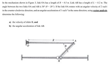 In the mechanism shown in Figure 3, link OA has a length of R = 0.5 m. Link AB has a length of L = 0.2 m. The
angle between the two links OA and AB is 30° (0 = 30°). If the link OA rotates with an angular velocity of 2 rad/s
in the counter-clockwise direction, and an angular acceleration of 1 rad/s² in the same direction, using vector analysis
determine the following:
a) the velocity of slider B, and
b) the angular acceleration of link AB.
R
B