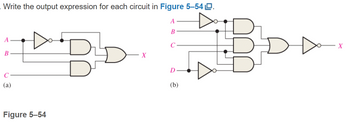 Write the output expression for each circuit in Figure 5-54.
A
B
C
A
B
C
(a)
Figure 5-54
X
D
(b)
X